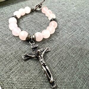 Rosary" Bracelet Rose Quartz Stone with Cross Stainless Steel Silver Ch…
